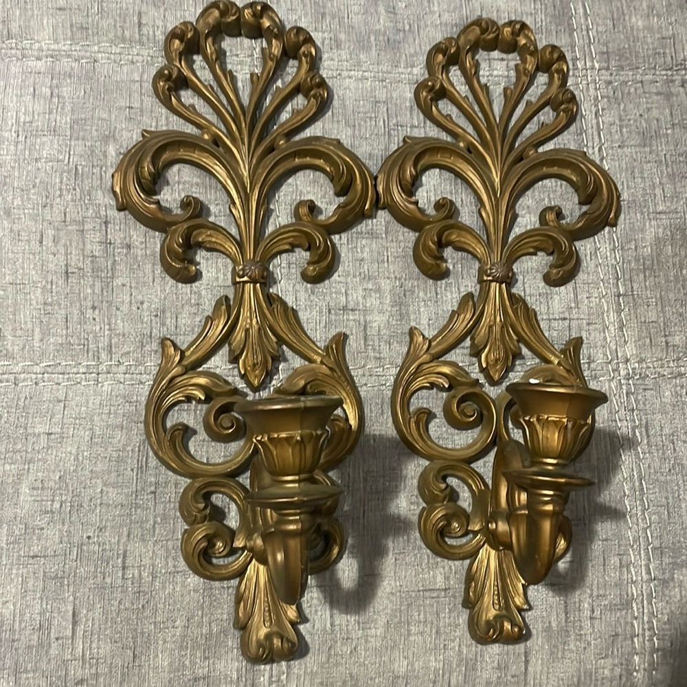 Vintage Burwood Molded Plastic Candle Wall Sconces #4425-2 Wood